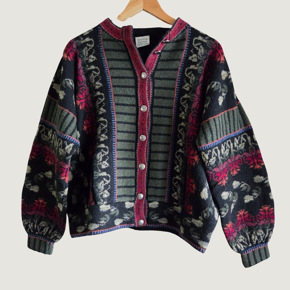 Buttercup Knitwear Wool Cardigan Women Black Green Pink Floral Fair Isle UK Made